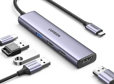 USB C Hub, Revodok 5-in-1 USB Hub for Laptops, 4K HDMI to USB-C Adapter, 100W PD, 3 USB-A Data Ports, Aluminum Compact Multiport Adapter for MacBook Air/Pro, HP, Dell, iPad, Galaxy Dex