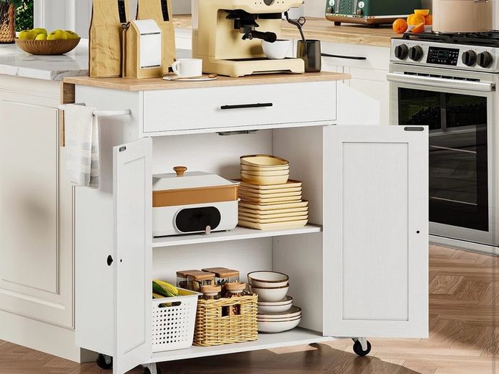 Kitchen Island with Folding Countertop, Kitchen Storage on Wheels White and Natural, Kitchen Island on Wheels, Storage Cabinet with Adjustable Shelf and Towel Rack for Kitchen and Dining Room