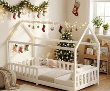 Children's Bed 90 x 200 cm Floor Bed with Fall Protection and Slatted Frame for Children Children's Beds for Girls and Boys Solid Pine Wood in White