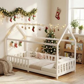 Children's Bed 90 x 200 cm Floor Bed with Fall Protection and Slatted Frame for Children Children's Beds for Girls and Boys Solid Pine Wood in White