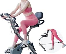4-IN-1 Exercise Bikes for Home Use, Folding Indoor Stationary Cycling Bike with Arm/Leg Workout Bands,16 Levels Magnetic Resistance Fitness Bicycle with Hand Pulse and Phone/Tablet Holder