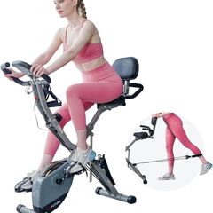 4-IN-1 Exercise Bikes for Home Use, Folding Indoor Stationary Cycling Bike with Arm/Leg Workout Bands,16 Levels Magnetic Resistance Fitness Bicycle with Hand Pulse and Phone/Tablet Holder