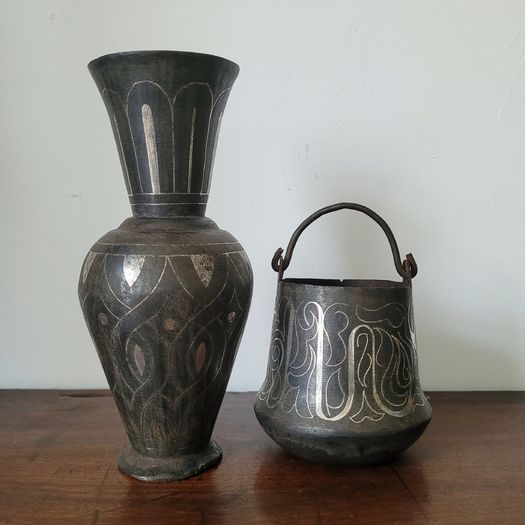 Antique indo-persian bidriware vase & handled pail