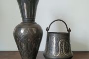 Antique indo-persian bidriware vase &amp; handled pail