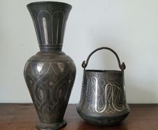 Antique indo-persian bidriware vase & handled pail