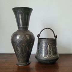 Antique indo-persian bidriware vase & handled pail