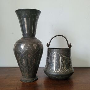 Antique indo-persian bidriware vase & handled pail