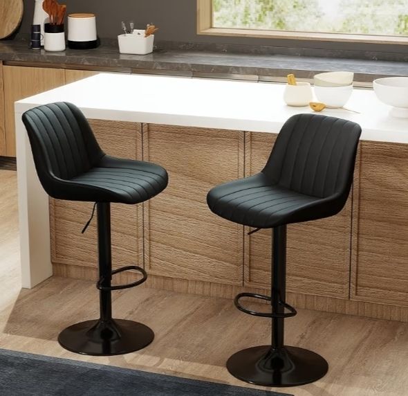Bar Stools Set of 2, Swivel Counter Height Barstools with Back, Adjustable PU Leather Bar Chairs, Modern Armless Kitchen Island Stool, Black