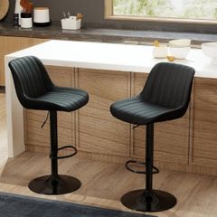 Bar Stools Set of 2, Swivel Counter Height Barstools with Back, Adjustable PU Leather Bar Chairs, Modern Armless Kitchen Island Stool, Black
