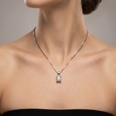 New - 18kt White Gold Natural Diamond Solitaire Necklace - Handmade in Italy