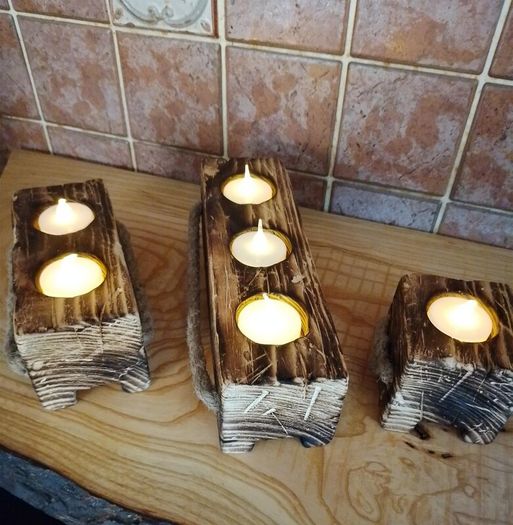 Tealight Holders Handmade From Reclaimed Wood, Shou Sugi Ban Set (+ 6 LED Lights)6