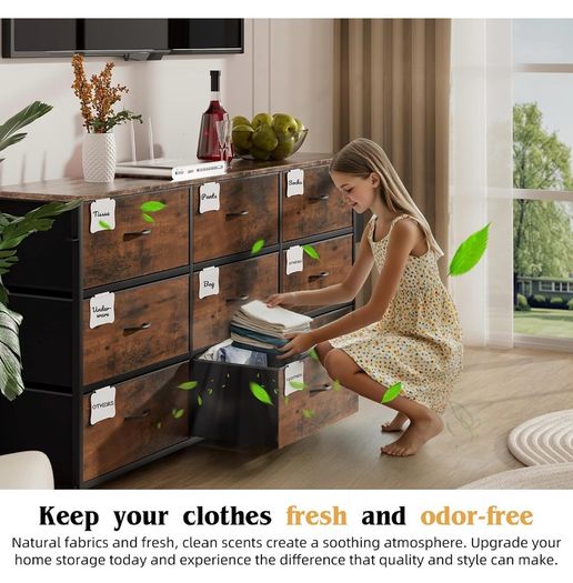 Fabric Chest of Drawers 9 Drawers Large TV Stand for 43-65 TVs Label Cards, Side Pocket &