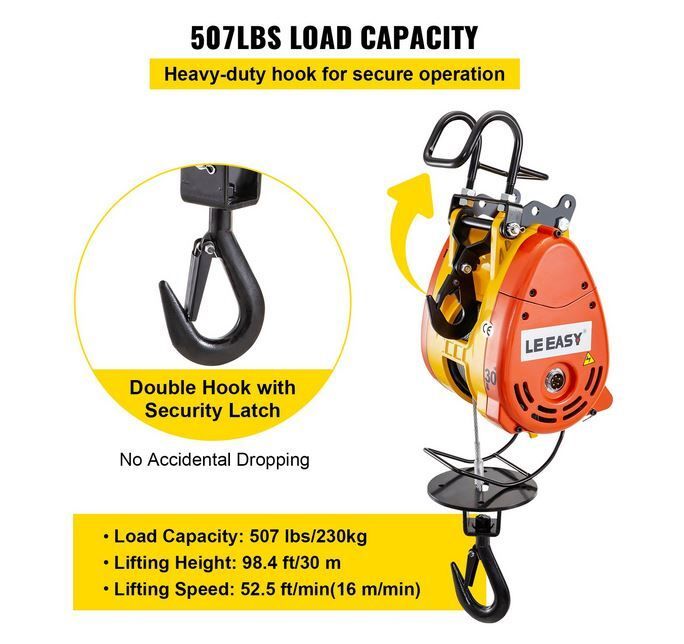 Electric Chain Hoist 230kg Capacity Electric Winch 507lbs with 98ft/30m