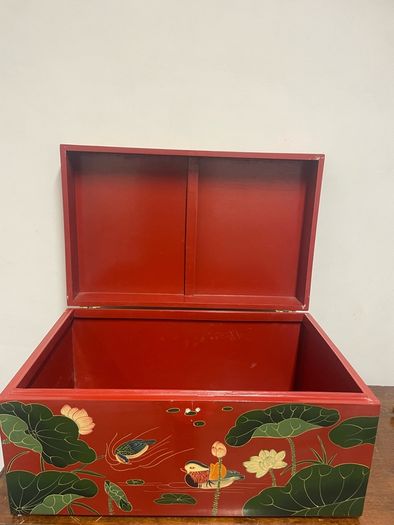 Large Chinese Style Red Lacquered Storage Chest, Hand Painted Design