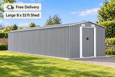 XXXL Large Grey Metal Garden Shed 8 x 32 ft Galvanised Steel