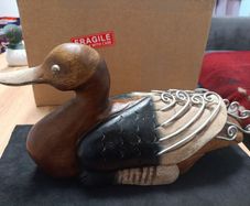 Hand Carved And Hand Painted Wood Duck With Gold Tone Eyes