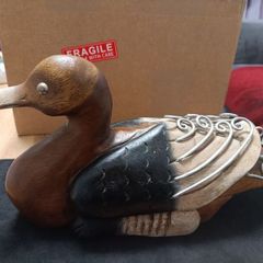 Hand Carved And Hand Painted Wood Duck With Gold Tone Eyes