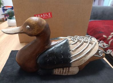 Hand Carved And Hand Painted Wood Duck With Gold Tone Eyes