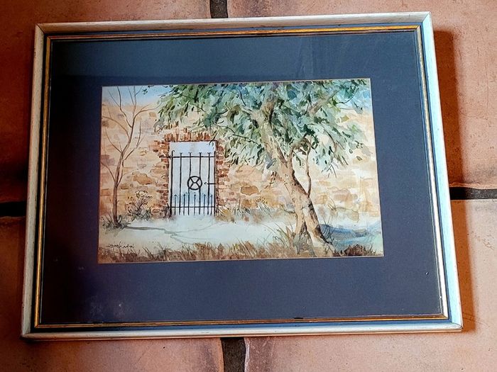 Vintage framed "The Garden Gate" watercolour