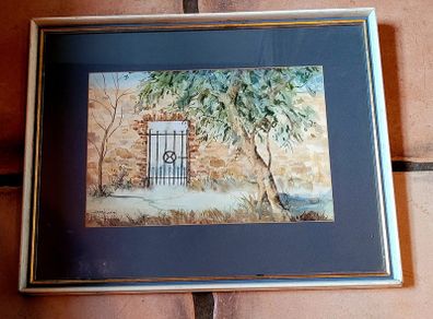 Vintage framed "The Garden Gate" watercolour