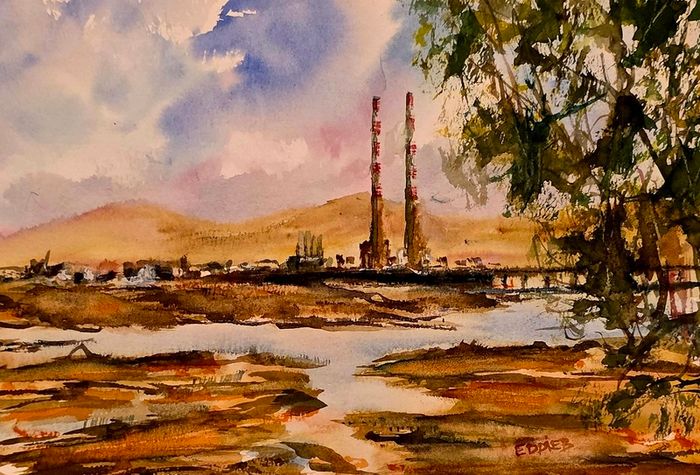 poolbeg chimneys watercolour