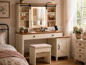 Country Style Dressing Table with Stool Mirror and Storage White Brown