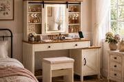 Country Style Dressing Table with Stool Mirror and Storage White Brown