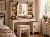 main image for ad Country Style Dressing Table with Stool Mirror and Storage White Brown