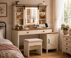 Country Style Dressing Table with Stool Mirror and Storage White Brown