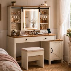 Country Style Dressing Table with Stool Mirror and Storage White Brown