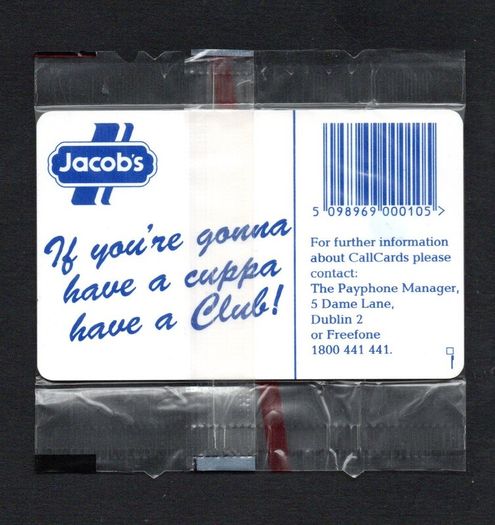 1993 Ireland 10 unit Jacob's biscuits and Club chocolate bar (Gemplus GEM1) Call Card Mint in packaging. Telecom Eireann Card Number 1049