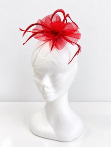 Pre Owned Elegant Red Feather & Mesh Fascinator Clip / Brooch