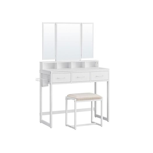 Dressing table with 3-piece folding mirror and stool  dressing table, dressing table with 3-piece folding mirror, hairdryer holder, cosmetic table with upholstered stool, 3 drawers, industrial design, vintage brown-black