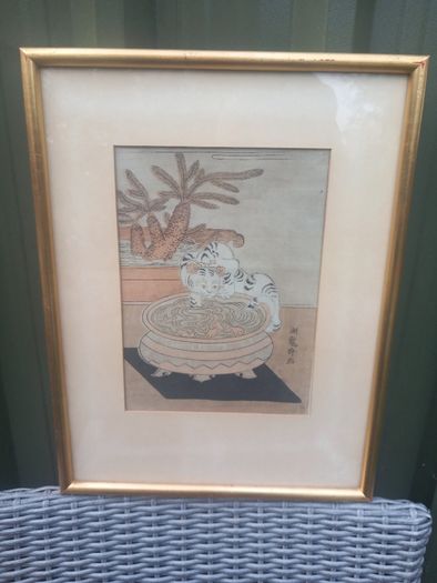 Cat Pawing at Fish, framed print, D18