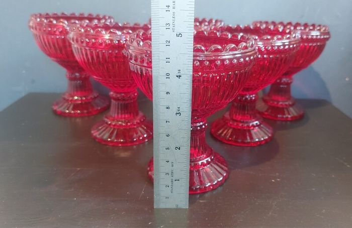 Fabulous Vintage Retro Set of Six Matching Red Sundae Glasses with a Relief Pattern Very Similar to the Very Popular Iittala Marimekko Maribowl Glasses in Cranberry - Perfect for Halloween