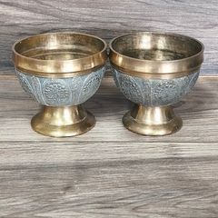 Vintage Brass Pompei Chalice Bowl Goblet Pair Twin Sand Cast Antique Collectable