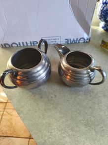 Milk Jug And Suger Bowl Hand Beaten Pewter Sheffield. Eng.