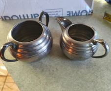 Milk Jug And Suger Bowl Hand Beaten Pewter Sheffield. Eng.