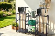 Heavy-Duty 3-Tier Garden Tool Organizer Rack, Metal Garage Storage Holder with Hooks for Rakes, Shovels &amp; Brooms, Black Steel Stand for Shed, Lawn &amp; Outdoor Storage