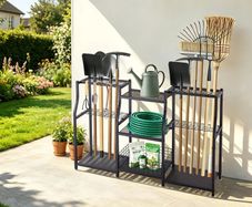 Heavy-Duty 3-Tier Garden Tool Organizer Rack, Metal Garage Storage Holder with Hooks for Rakes, Shovels & Brooms, Black Steel Stand for Shed, Lawn & Outdoor Storage