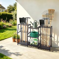 Heavy-Duty 3-Tier Garden Tool Organizer Rack, Metal Garage Storage Holder with Hooks for Rakes, Shovels & Brooms, Black Steel Stand for Shed, Lawn & Outdoor Storage
