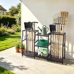Heavy-Duty 3-Tier Garden Tool Organizer Rack, Metal Garage Storage Holder with Hooks for Rakes, Shovels & Brooms, Black Steel Stand for Shed, Lawn & Outdoor Storage