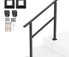 Outdoor Handrails for Steps, 2-3 Step Stair Rail Kit, Black Square Tube with Horizontal Bar, Carbon Steel Support Rails for Seniors, Concrete & Deck Stairs, Easy Installation
