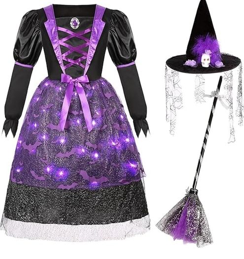 Witch costume with lights, Halloween, girl costume, carnival, cosplay, princess dress with witch broom and hat