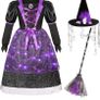 Witch costume with lights, Halloween, girl costume, carnival, cosplay, princess dress with witch broom and hat Image 2