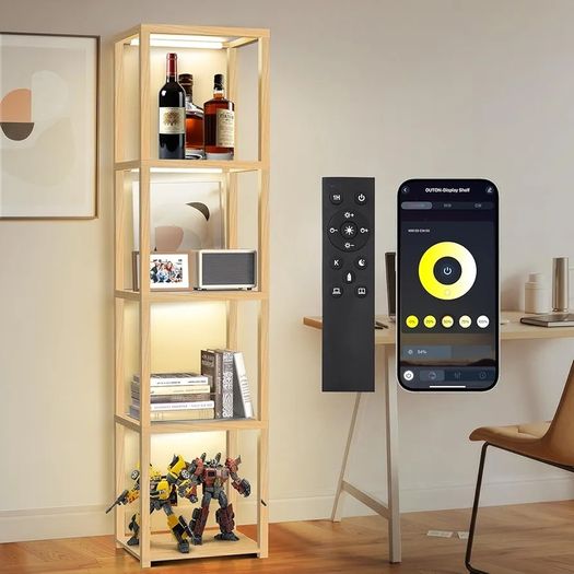 67" Glass Display Shelf with Dimmable LED Floor Lamp, Collectibles Display Cabinet with Remote & App Control, 5 Tier Open Bookshelf Lamp for Living Room, Bedroom, Office, Home Decor, Wood