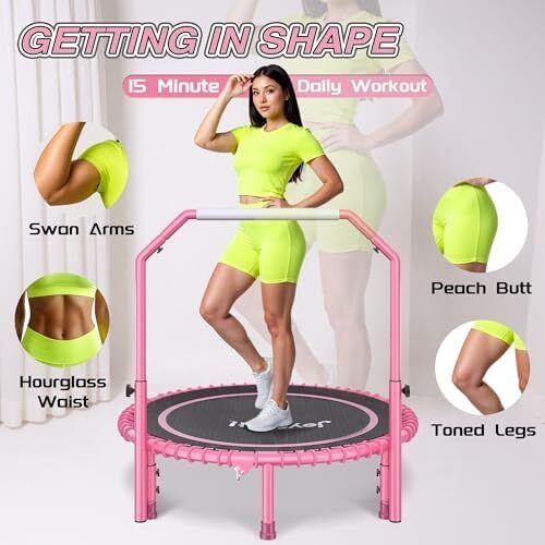 450 LBS Foldable Mini Trampoline for Adults, 40 inch Indoor Fitness Rebounder with U-Shape Adjustable Foam Handle, Quiet Bungee Jump System & Cordless Jump Ropes