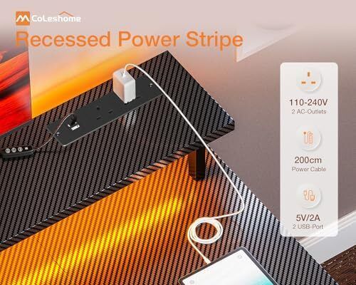 120x50 cm Gaming Desk with LED Lights, Computer Desk with Shelves, Office Desks with Monitor Stand, Carbon Fiber Black