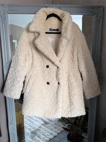 Zara Faux Fur Shearling Coat Ecru/Beige Size L