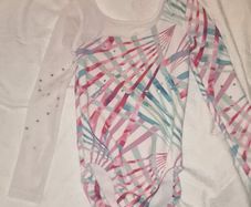 Girls' Long-Sleeved Gym Leotard with Rhinestones - White Print